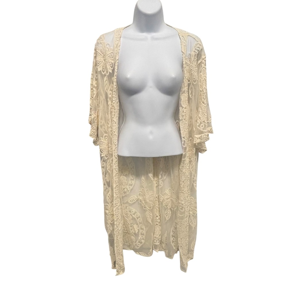 Cream Floral Lace Kimono Cardigan Cover Up Sheer Embroidered Boho Wrap S-M